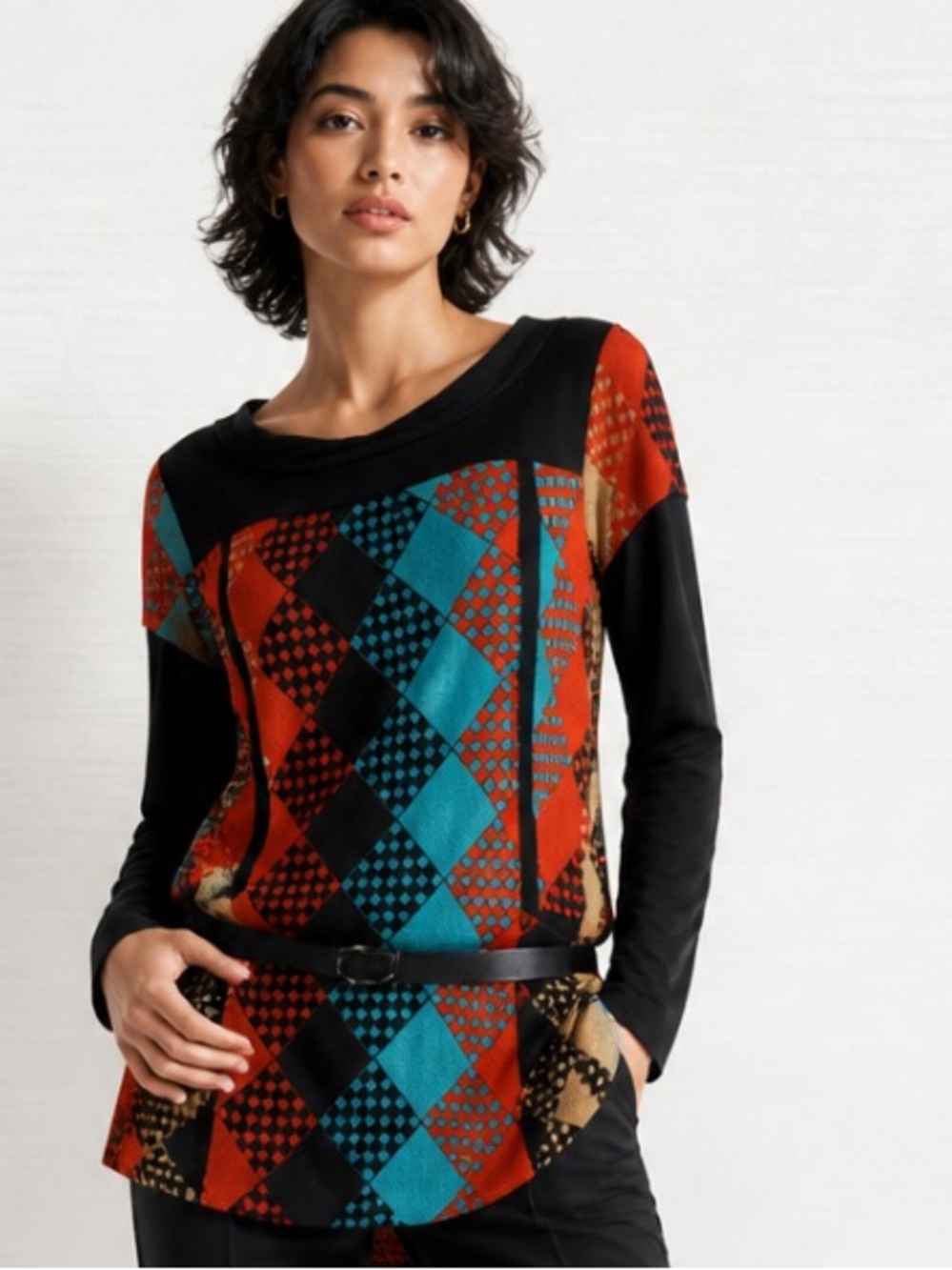 ARYEH Sweater Tunic Diamond Geometric Colorful Pullover Long Sleeves Layered